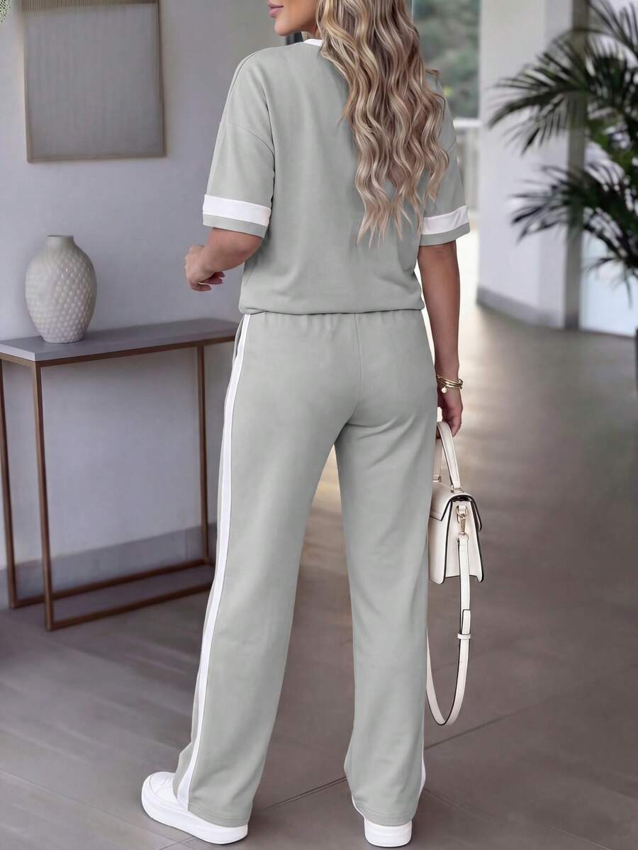Spring/Summer Women's Casual Matching Contrast Color Round Neck Short Sleeve Top And High Waist Drawstring Straight Leg Pants 2 Pieces Set Elegant