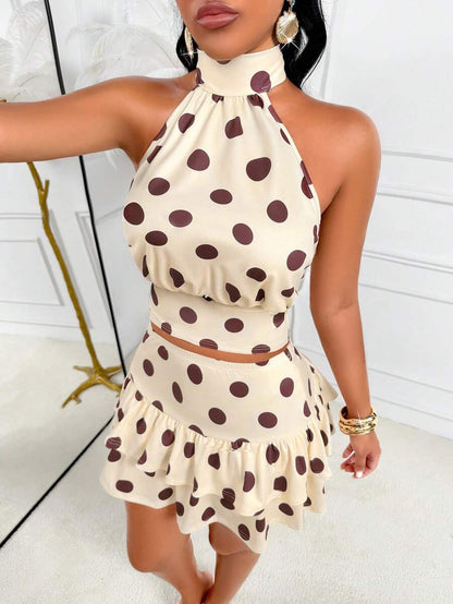 AIJ Amarilo Sexy Spaghetti Strap Backless Polka Dot 2-Piece Set, Women Sleeveless Crop Top And Ruffle Hem Mini Skirt For Party Outfit Elegant Summer
