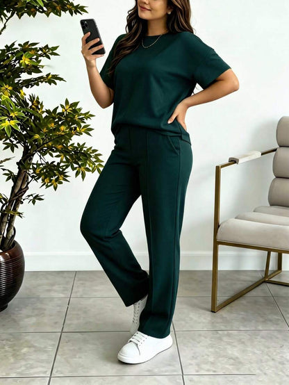 Women's 2 Pieces Casual Outfit, Comfortable Solid Color Short Sleeve Top Paired With Elastic Waist Pocket Pants, Soft Polyester-Spandex Fabric, Spring/Summer Elegant