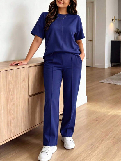 Women's 2 Pieces Casual Outfit, Comfortable Solid Color Short Sleeve Top Paired With Elastic Waist Pocket Pants, Soft Polyester-Spandex Fabric, Spring/Summer Elegant