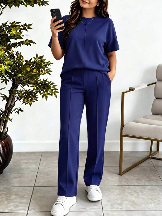 Women's 2 Pieces Casual Outfit, Comfortable Solid Color Short Sleeve Top Paired With Elastic Waist Pocket Pants, Soft Polyester-Spandex Fabric, Spring/Summer Elegant