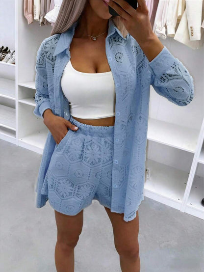 2pcs/Set Women's Casual Vacation White Lace Outfit, Long Sleeve Hollow Loose Top Paired With Elastic Waist Shorts, Elegant Beach Cover-Up Summer, Resort Wear
