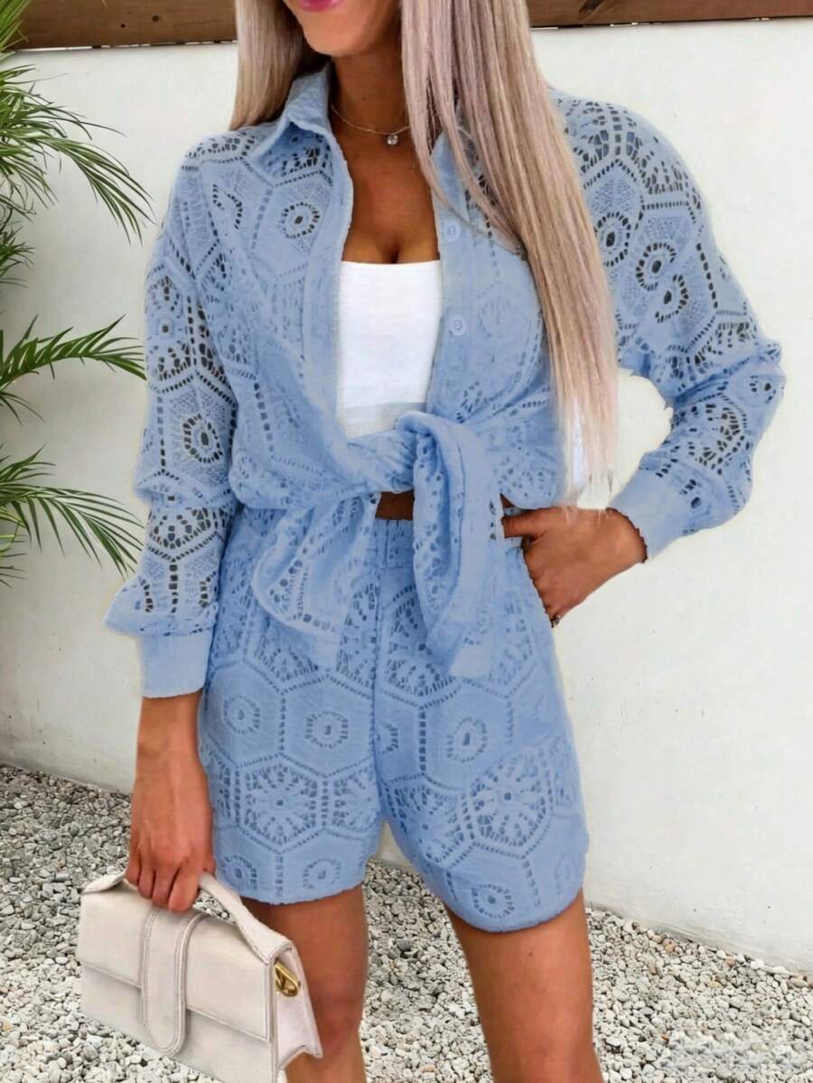 2pcs/Set Women's Casual Vacation White Lace Outfit, Long Sleeve Hollow Loose Top Paired With Elastic Waist Shorts, Elegant Beach Cover-Up Summer, Resort Wear