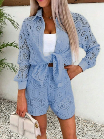 2pcs/Set Women's Casual Vacation White Lace Outfit, Long Sleeve Hollow Loose Top Paired With Elastic Waist Shorts, Elegant Beach Cover-Up Summer, Resort Wear