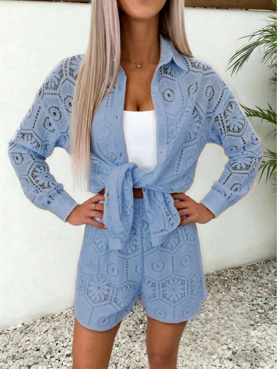 2pcs/Set Women's Casual Vacation White Lace Outfit, Long Sleeve Hollow Loose Top Paired With Elastic Waist Shorts, Elegant Beach Cover-Up Summer, Resort Wear