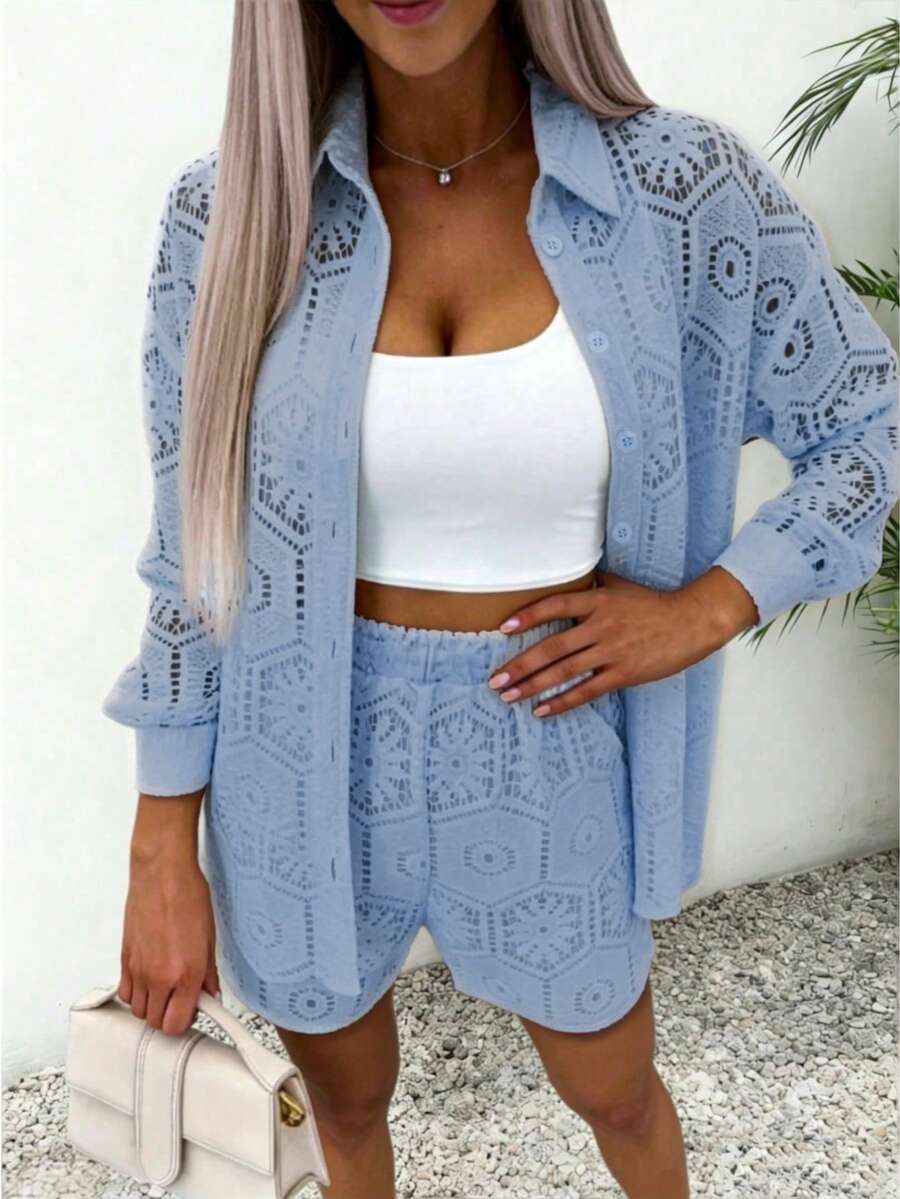 2pcs/Set Women's Casual Vacation White Lace Outfit, Long Sleeve Hollow Loose Top Paired With Elastic Waist Shorts, Elegant Beach Cover-Up Summer, Resort Wear