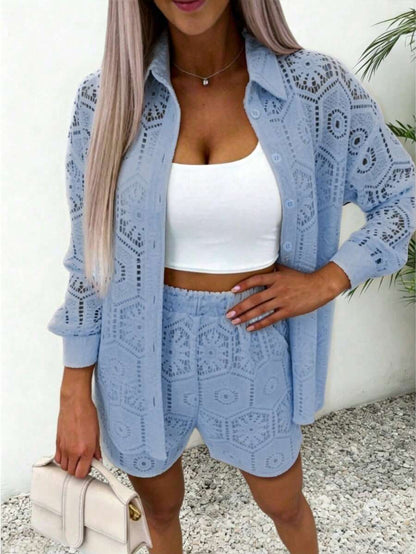 2pcs/Set Women's Casual Vacation White Lace Outfit, Long Sleeve Hollow Loose Top Paired With Elastic Waist Shorts, Elegant Beach Cover-Up Summer, Resort Wear