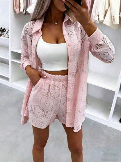 2pcs/Set Women's Casual Vacation White Lace Outfit, Long Sleeve Hollow Loose Top Paired With Elastic Waist Shorts, Elegant Beach Cover-Up Summer, Resort Wear