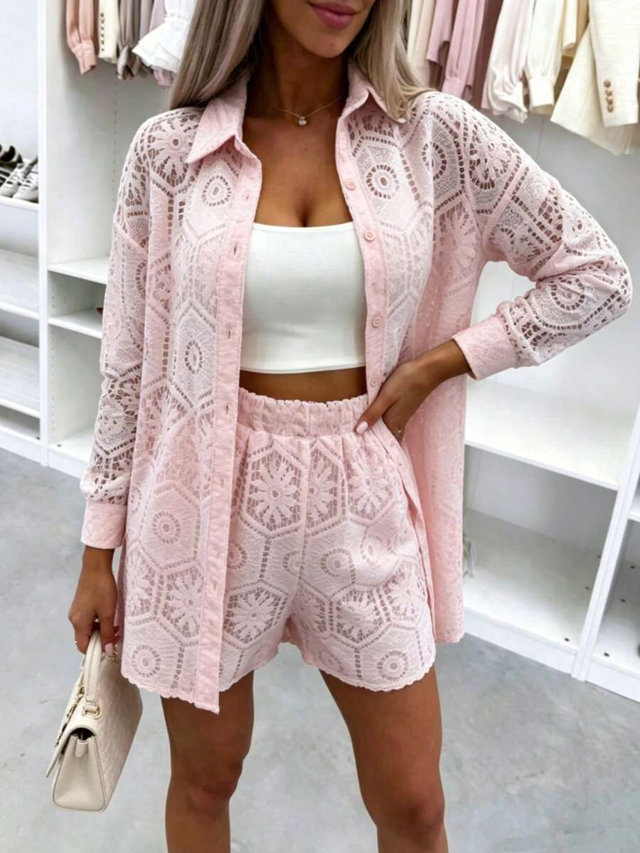 2pcs/Set Women's Casual Vacation White Lace Outfit, Long Sleeve Hollow Loose Top Paired With Elastic Waist Shorts, Elegant Beach Cover-Up Summer, Resort Wear
