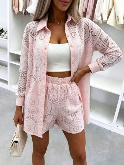 2pcs/Set Women's Casual Vacation White Lace Outfit, Long Sleeve Hollow Loose Top Paired With Elastic Waist Shorts, Elegant Beach Cover-Up Summer, Resort Wear