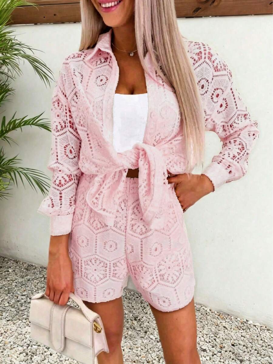 2pcs/Set Women's Casual Vacation White Lace Outfit, Long Sleeve Hollow Loose Top Paired With Elastic Waist Shorts, Elegant Beach Cover-Up Summer, Resort Wear