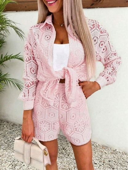 2pcs/Set Women's Casual Vacation White Lace Outfit, Long Sleeve Hollow Loose Top Paired With Elastic Waist Shorts, Elegant Beach Cover-Up Summer, Resort Wear