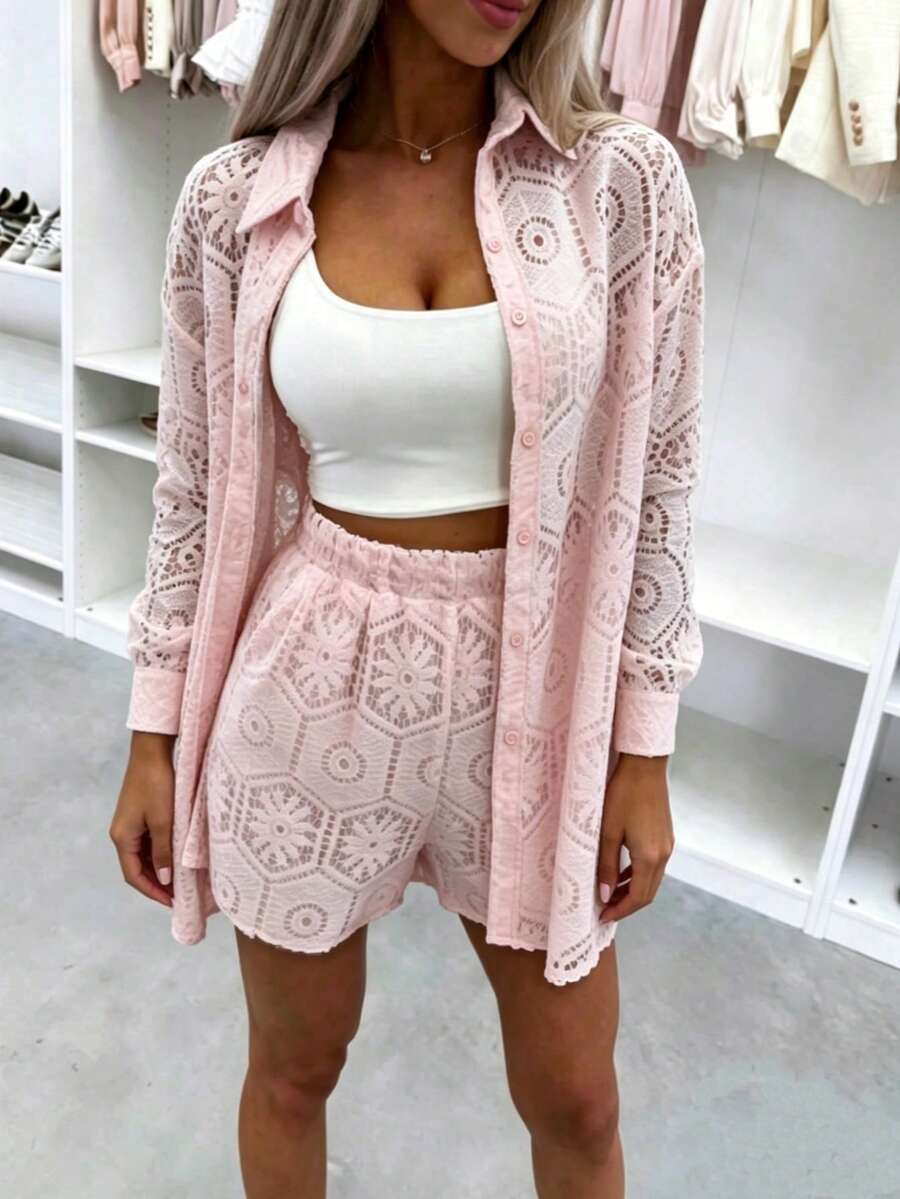 2pcs/Set Women's Casual Vacation White Lace Outfit, Long Sleeve Hollow Loose Top Paired With Elastic Waist Shorts, Elegant Beach Cover-Up Summer, Resort Wear