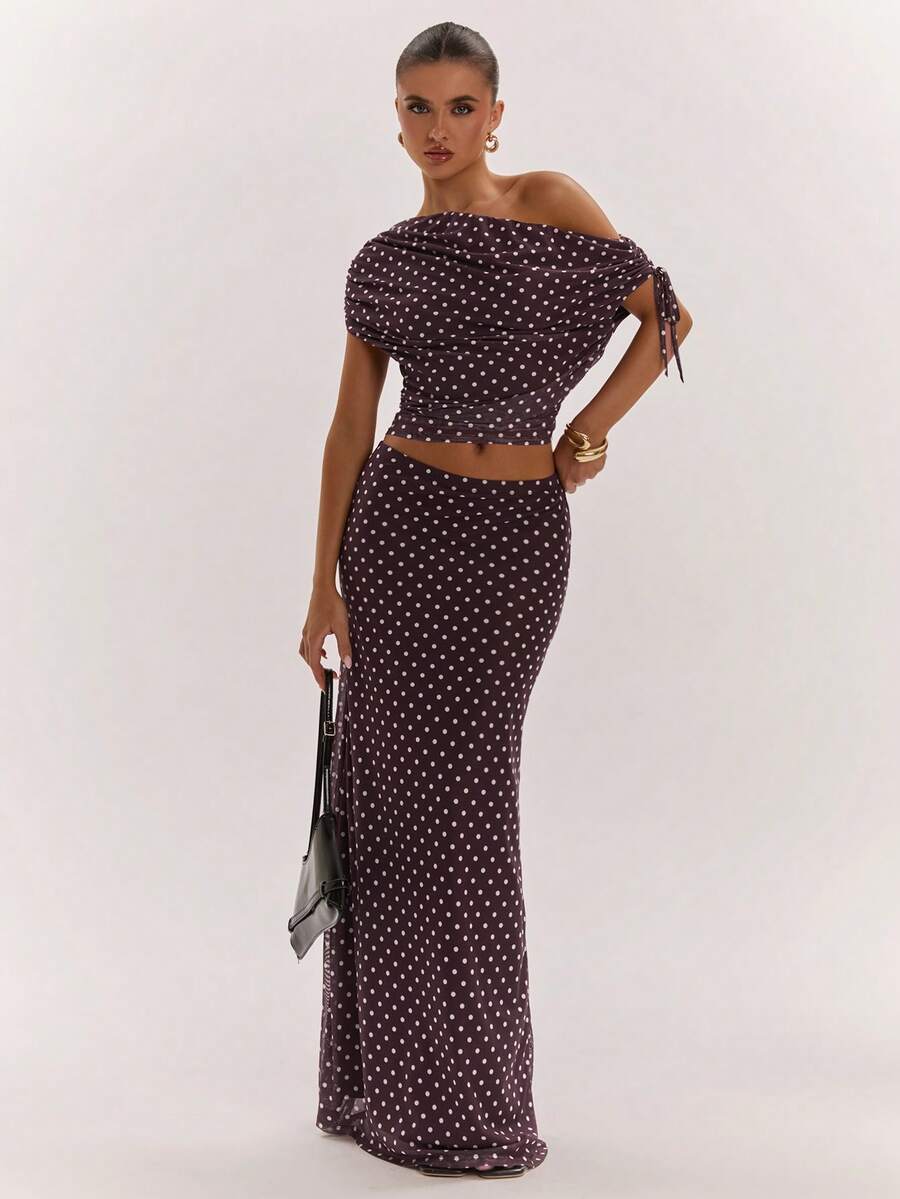 SHEIN BAE Women's Solid Color Asymmetrical Neck Top And Skirt Casual 2 Pieces Set