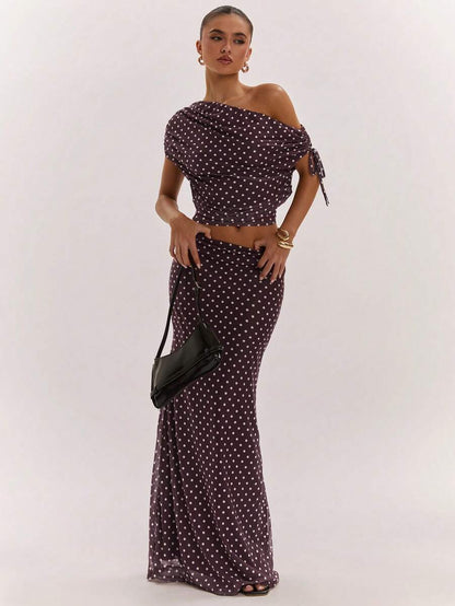 SHEIN BAE Women's Solid Color Asymmetrical Neck Top And Skirt Casual 2 Pieces Set