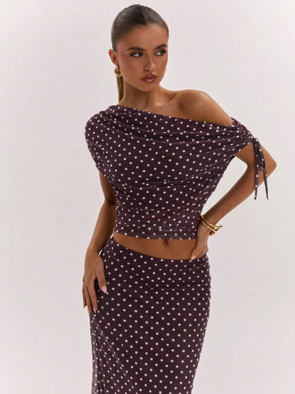 SHEIN BAE Women's Solid Color Asymmetrical Neck Top And Skirt Casual 2 Pieces Set