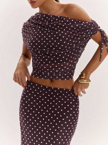 SHEIN BAE Women's Solid Color Asymmetrical Neck Top And Skirt Casual 2 Pieces Set