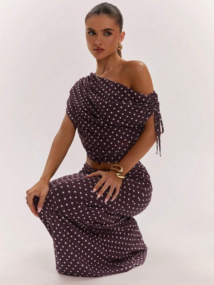 SHEIN BAE Women's Solid Color Asymmetrical Neck Top And Skirt Casual 2 Pieces Set