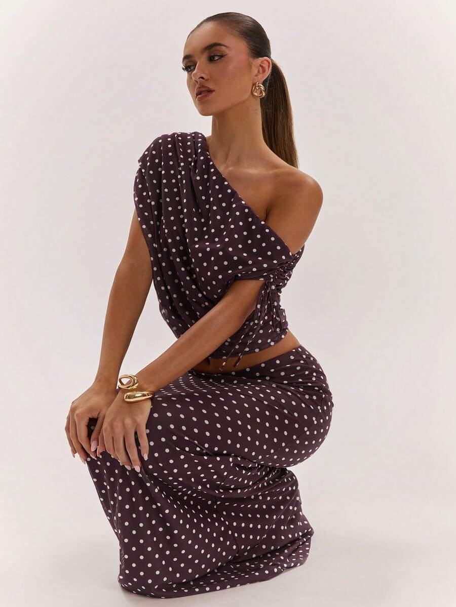 SHEIN BAE Women's Solid Color Asymmetrical Neck Top And Skirt Casual 2 Pieces Set
