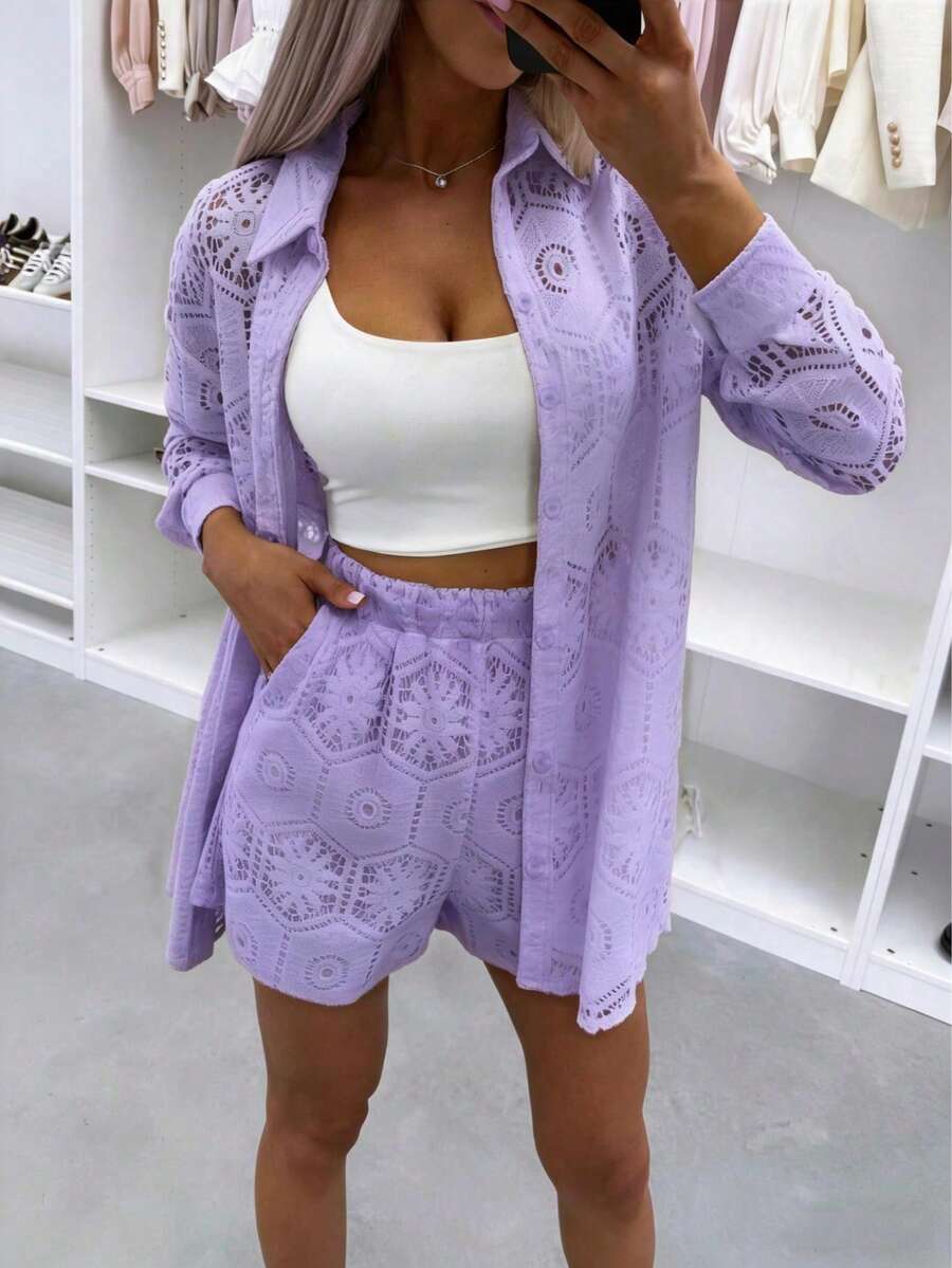 2pcs/Set Women's Casual Vacation White Lace Outfit, Long Sleeve Hollow Loose Top Paired With Elastic Waist Shorts, Elegant Beach Cover-Up Summer, Resort Wear