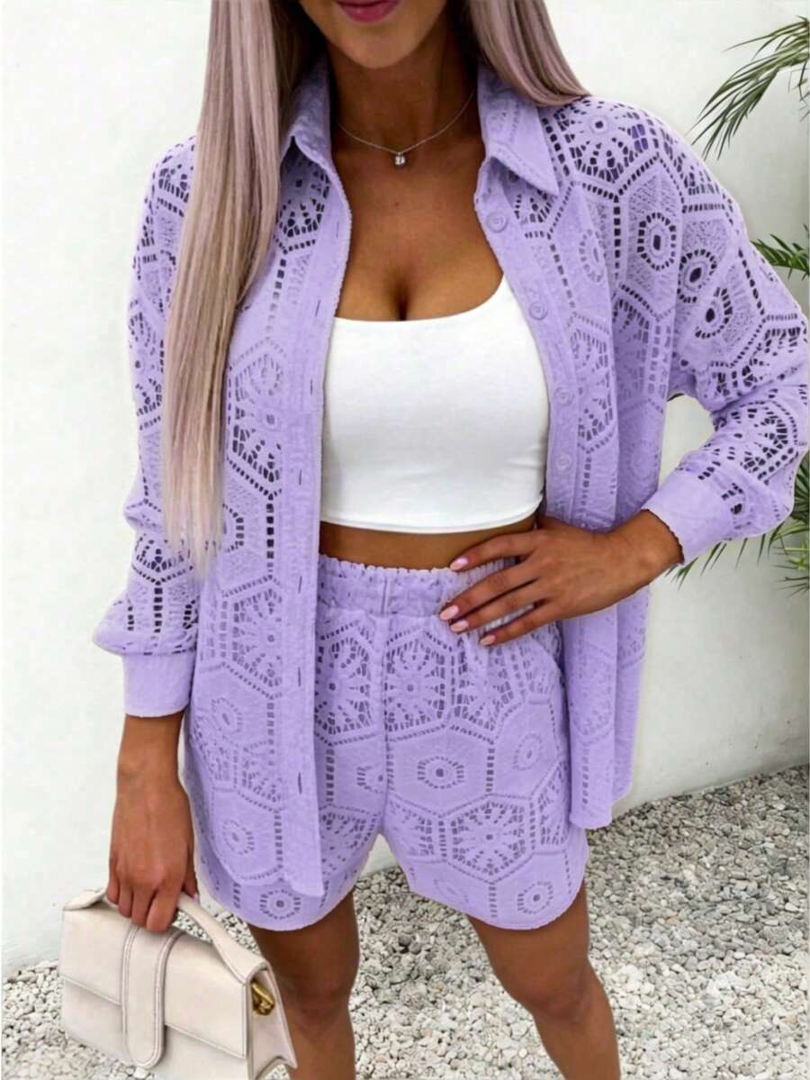 2pcs/Set Women's Casual Vacation White Lace Outfit, Long Sleeve Hollow Loose Top Paired With Elastic Waist Shorts, Elegant Beach Cover-Up Summer, Resort Wear