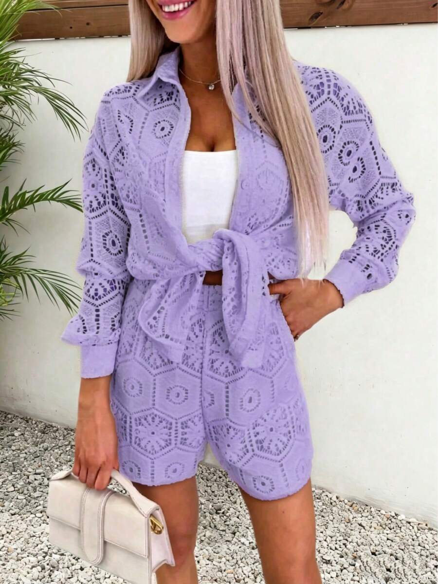 2pcs/Set Women's Casual Vacation White Lace Outfit, Long Sleeve Hollow Loose Top Paired With Elastic Waist Shorts, Elegant Beach Cover-Up Summer, Resort Wear