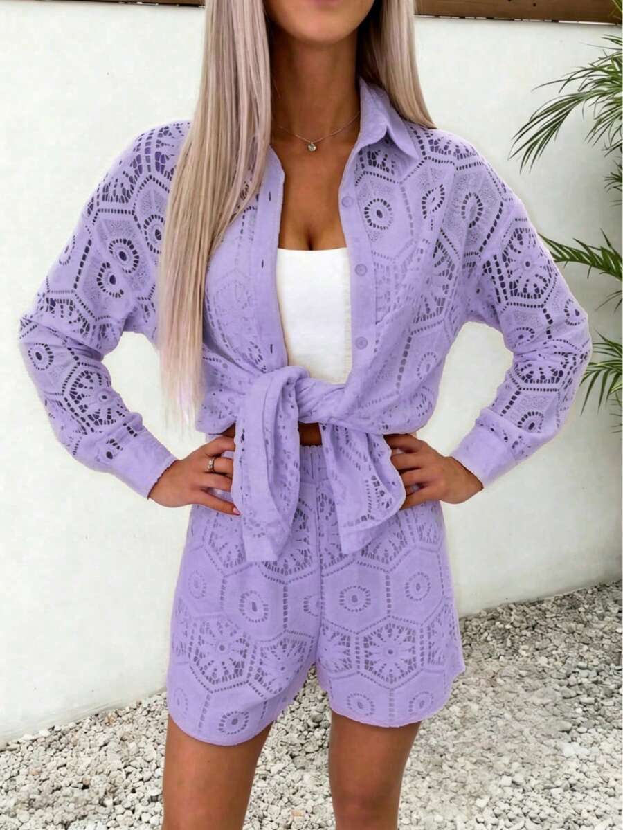 2pcs/Set Women's Casual Vacation White Lace Outfit, Long Sleeve Hollow Loose Top Paired With Elastic Waist Shorts, Elegant Beach Cover-Up Summer, Resort Wear