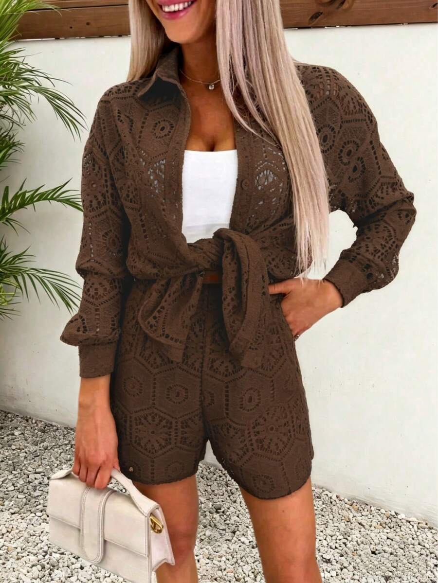 2pcs/Set Women's Casual Vacation White Lace Outfit, Long Sleeve Hollow Loose Top Paired With Elastic Waist Shorts, Elegant Beach Cover-Up Summer, Resort Wear