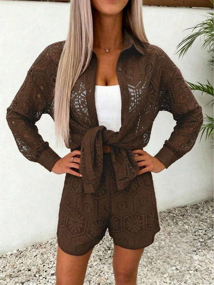 2pcs/Set Women's Casual Vacation White Lace Outfit, Long Sleeve Hollow Loose Top Paired With Elastic Waist Shorts, Elegant Beach Cover-Up Summer, Resort Wear