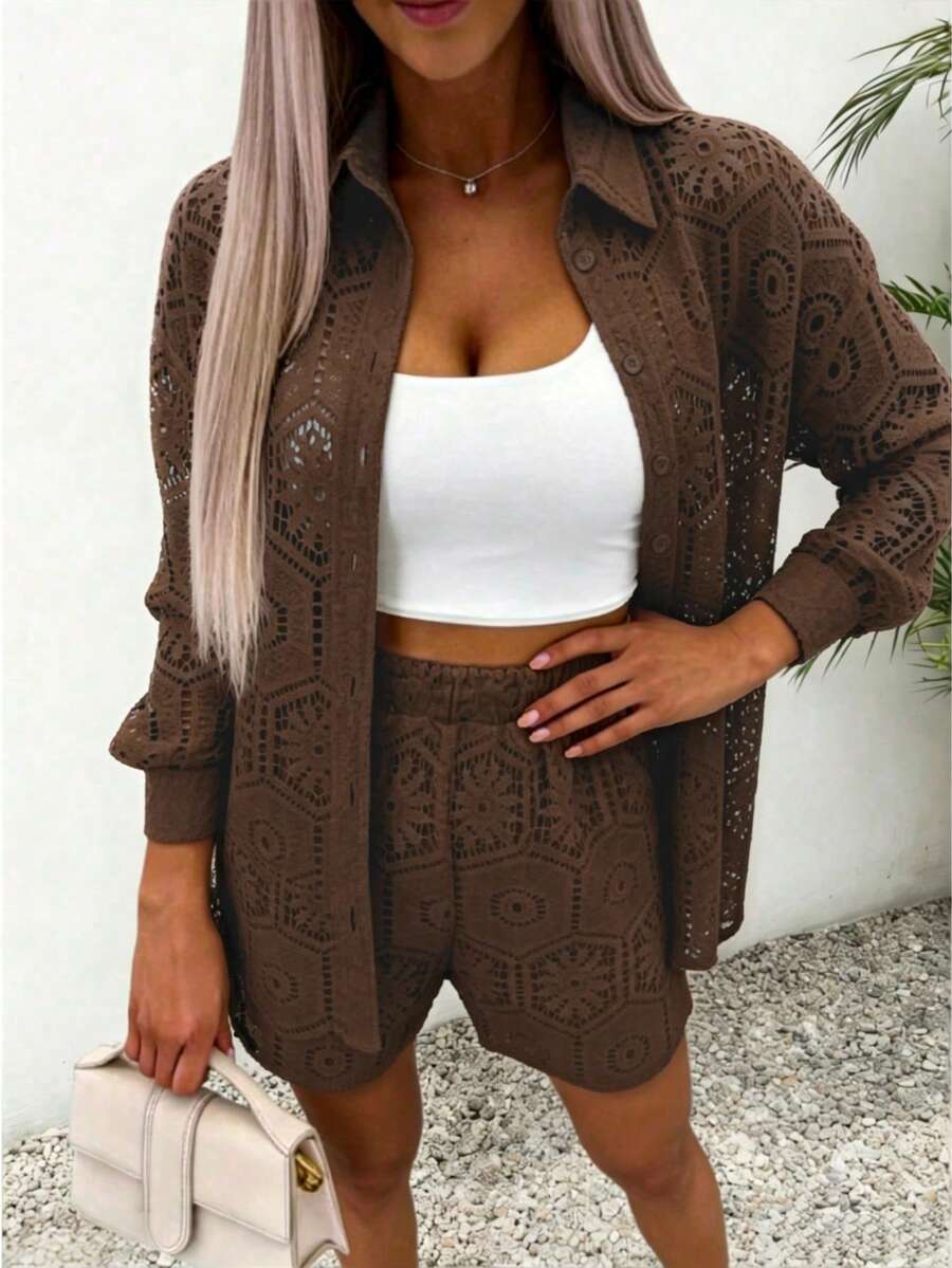 2pcs/Set Women's Casual Vacation White Lace Outfit, Long Sleeve Hollow Loose Top Paired With Elastic Waist Shorts, Elegant Beach Cover-Up Summer, Resort Wear