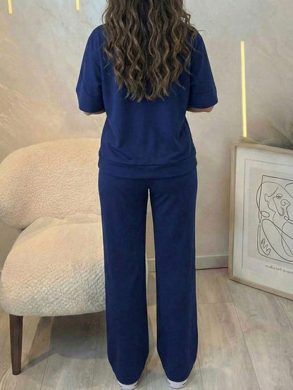 Women's 2 Pieces Casual Outfit, Comfortable Solid Color Short Sleeve Top Paired With Elastic Waist Pocket Pants, Soft Polyester-Spandex Fabric, Spring/Summer Elegant
