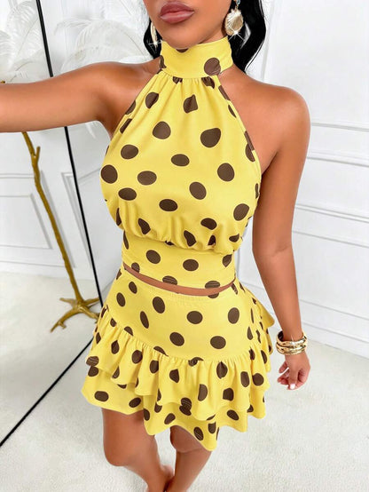 AIJ Amarilo Sexy Spaghetti Strap Backless Polka Dot 2-Piece Set, Women Sleeveless Crop Top And Ruffle Hem Mini Skirt For Party Outfit Elegant Summer