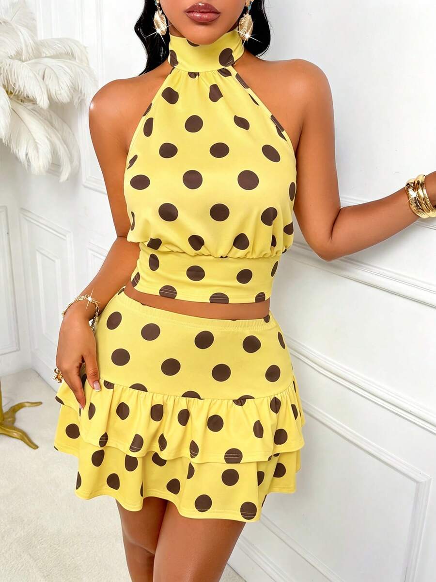 AIJ Amarilo Sexy Spaghetti Strap Backless Polka Dot 2-Piece Set, Women Sleeveless Crop Top And Ruffle Hem Mini Skirt For Party Outfit Elegant Summer