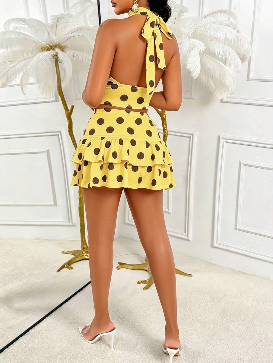 AIJ Amarilo Sexy Spaghetti Strap Backless Polka Dot 2-Piece Set, Women Sleeveless Crop Top And Ruffle Hem Mini Skirt For Party Outfit Elegant Summer