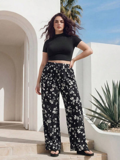 SHEIN EZwear Plus Size Retro Ruched Leopard Print Pants And T-Shirt Set