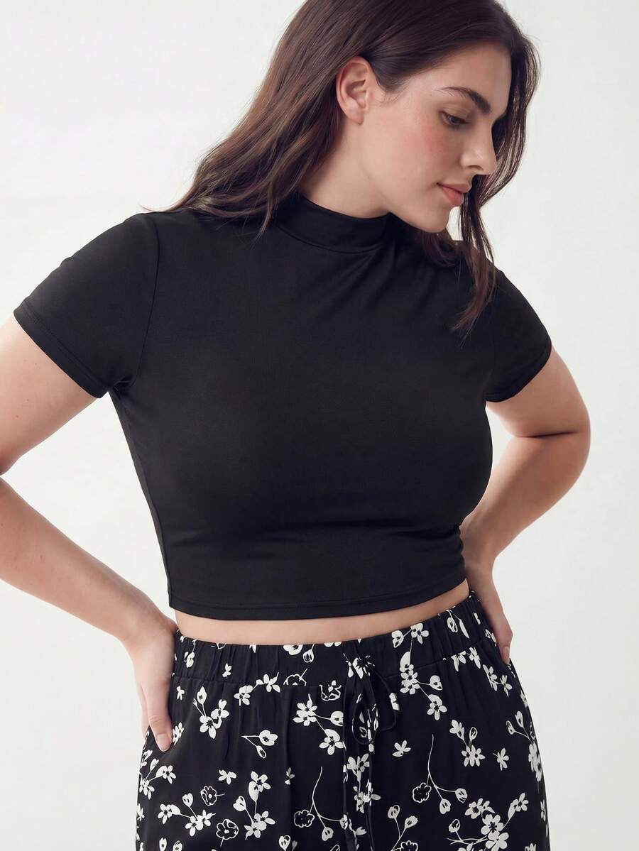 SHEIN EZwear Plus Size Retro Ruched Leopard Print Pants And T-Shirt Set
