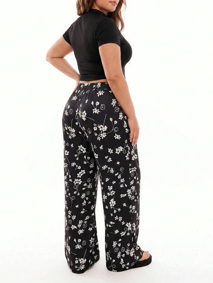 SHEIN EZwear Plus Size Retro Ruched Leopard Print Pants And T-Shirt Set
