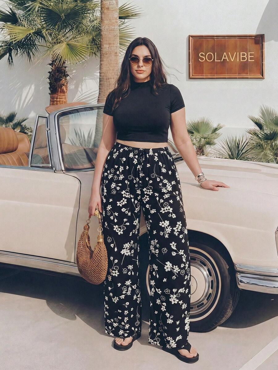 SHEIN EZwear Plus Size Retro Ruched Leopard Print Pants And T-Shirt Set