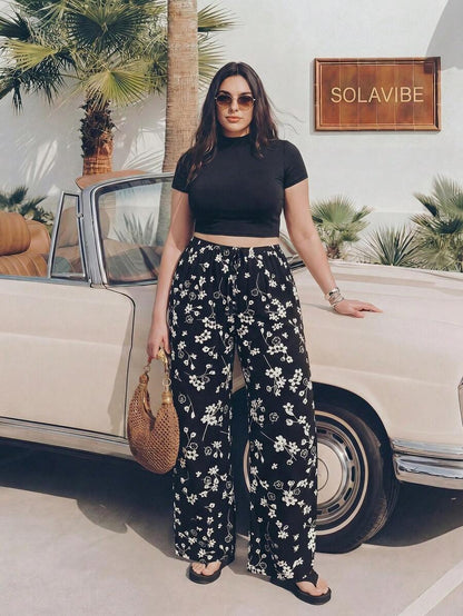 SHEIN EZwear Plus Size Retro Ruched Leopard Print Pants And T-Shirt Set