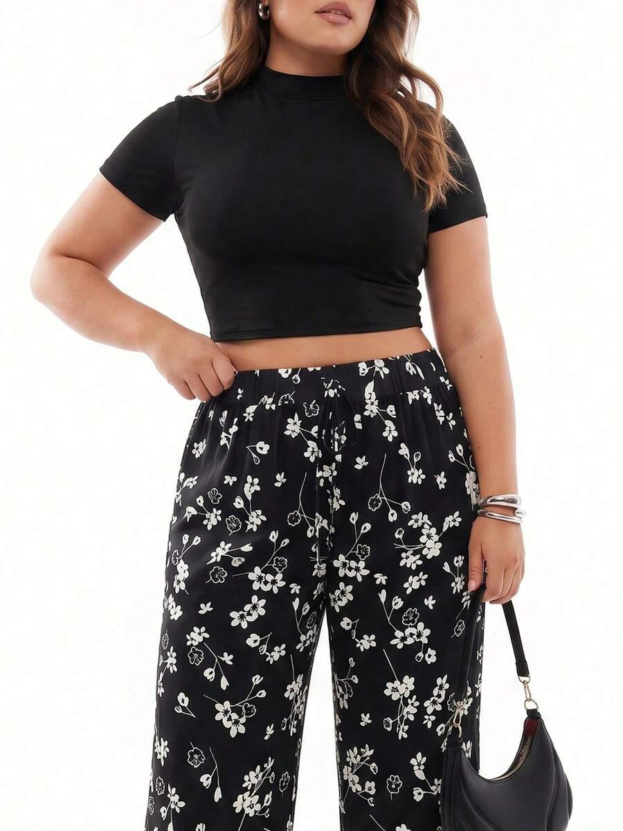 SHEIN EZwear Plus Size Retro Ruched Leopard Print Pants And T-Shirt Set