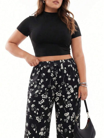 SHEIN EZwear Plus Size Retro Ruched Leopard Print Pants And T-Shirt Set