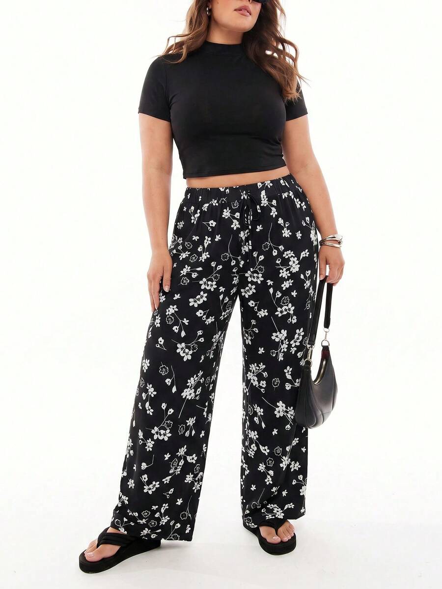 SHEIN EZwear Plus Size Retro Ruched Leopard Print Pants And T-Shirt Set