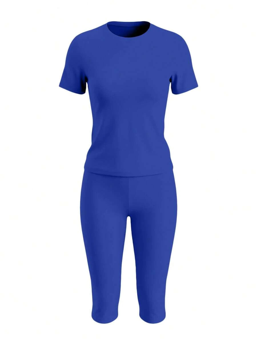 LovelyWholesale Women's Casual Crew Neck Short Sleeve Solid Color T-Shirt & 3/4 Length Pants Black 2 Pieces Set Summer Outfit Elegant