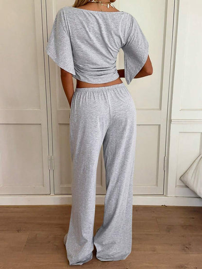 SHEIN EZwear Women's Solid Color Pleated Top And Elastic Waist Long Pants Casual Daily Set Brunch Dark Brown Summer