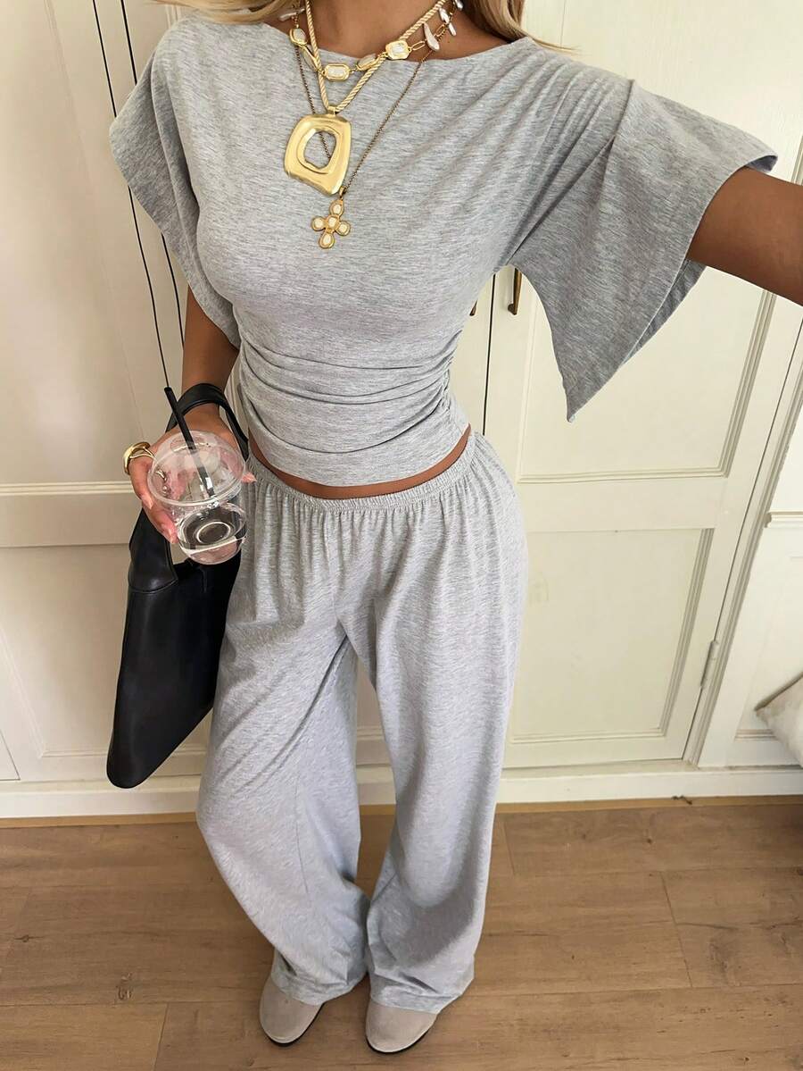 SHEIN EZwear Women's Solid Color Pleated Top And Elastic Waist Long Pants Casual Daily Set Brunch Dark Brown Summer