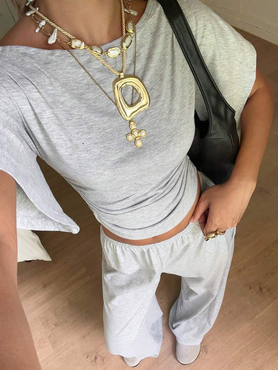 SHEIN EZwear Women's Solid Color Pleated Top And Elastic Waist Long Pants Casual Daily Set Brunch Dark Brown Summer