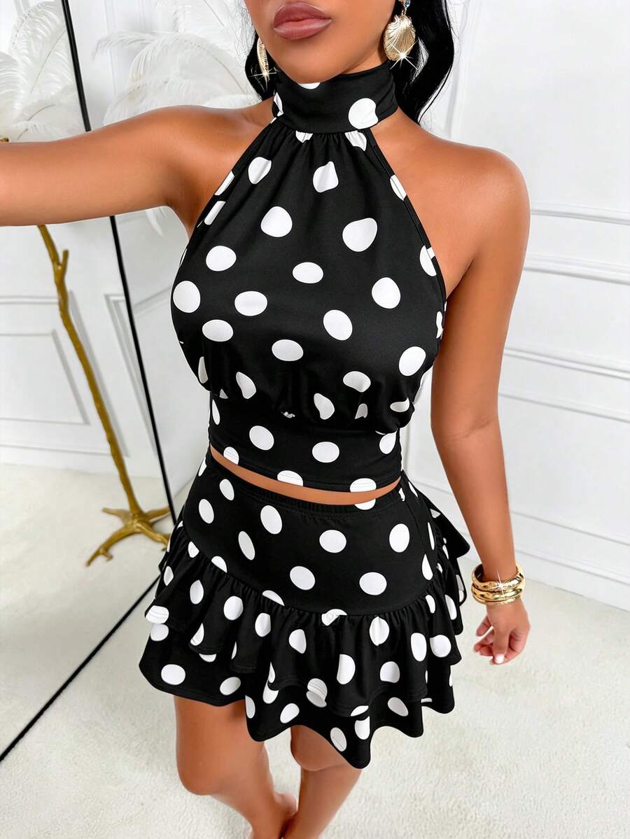 AIJ Amarilo Sexy Spaghetti Strap Backless Polka Dot 2-Piece Set, Women Sleeveless Crop Top And Ruffle Hem Mini Skirt For Party Outfit Elegant Summer
