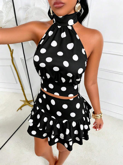 AIJ Amarilo Sexy Spaghetti Strap Backless Polka Dot 2-Piece Set, Women Sleeveless Crop Top And Ruffle Hem Mini Skirt For Party Outfit Elegant Summer