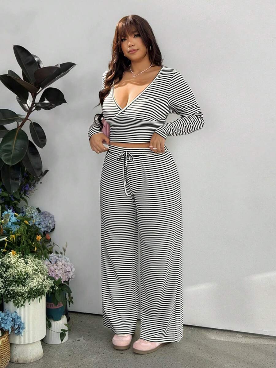 GalTyme Plus Size Contrast Color Long Sleeve Top & Pants 2 Pieces Set,Cerise Pink,Autumn,Smart Casual,Everyday,Chic Elegant Y2k Party Christmas Vacation Fall