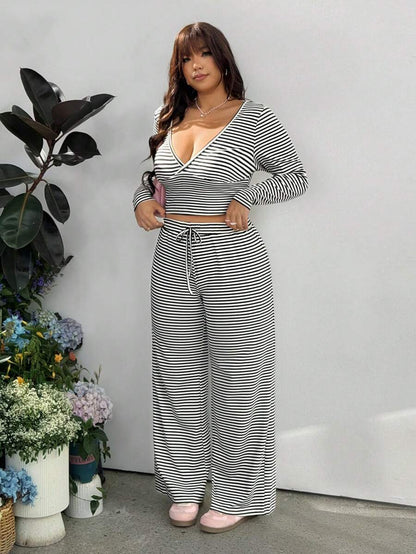 GalTyme Plus Size Contrast Color Long Sleeve Top & Pants 2 Pieces Set,Cerise Pink,Autumn,Smart Casual,Everyday,Chic Elegant Y2k Party Christmas Vacation Fall